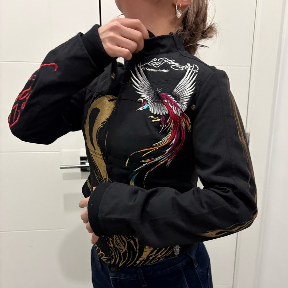 Ed Hardy Embroidered Black Moto Jacket